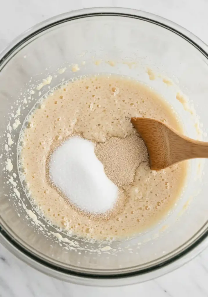 Bowl with foamy yeast mixture activating in warm water.