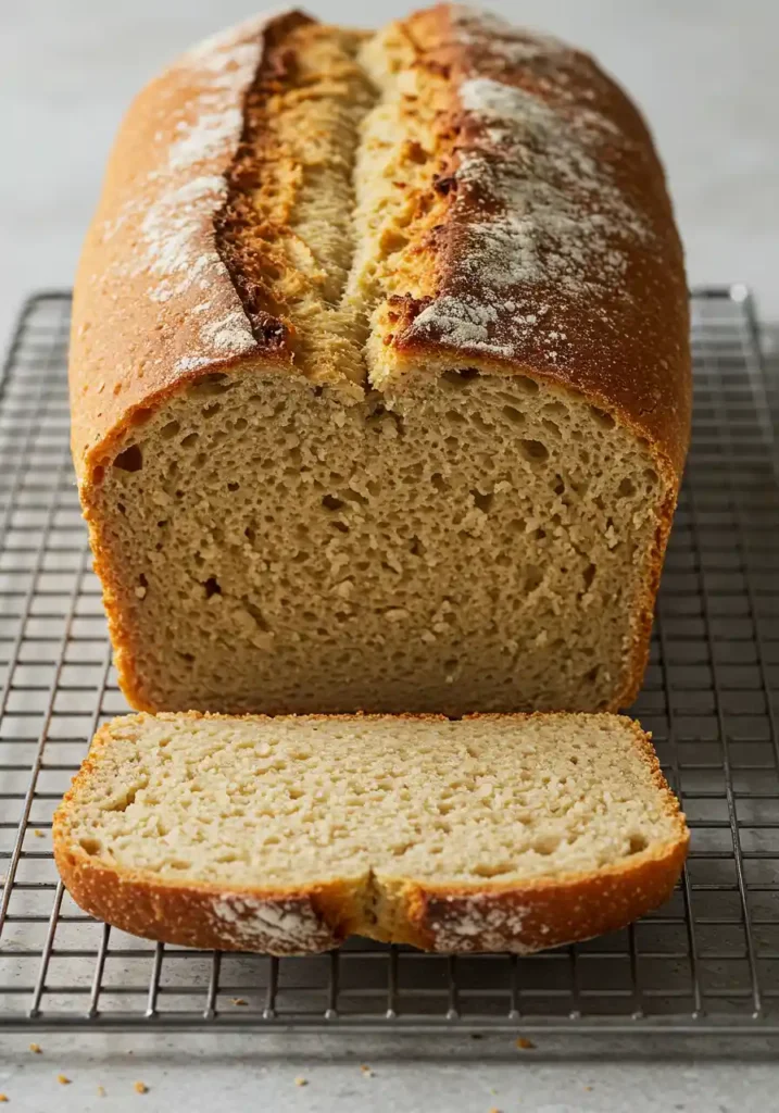 Loaf of bread cooling on a wire rack.