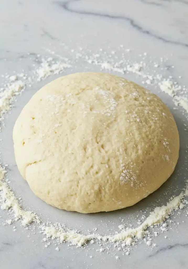 Hands kneading bread dough on a floured countertop.