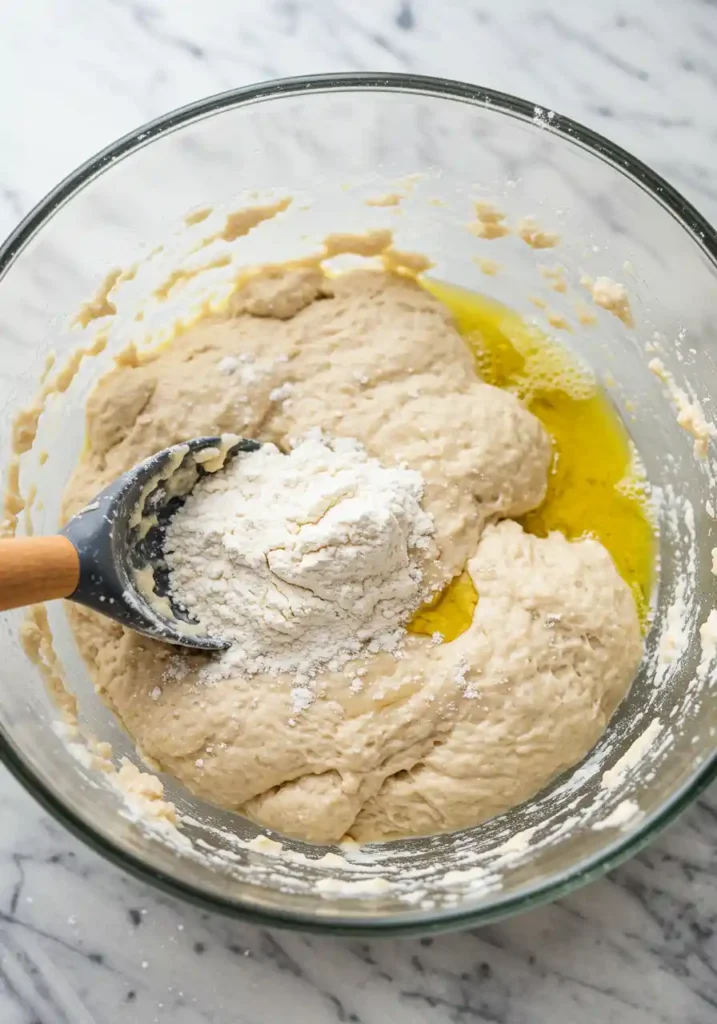 Spoon mixing flour and salt into a bowl of yeast mixture.