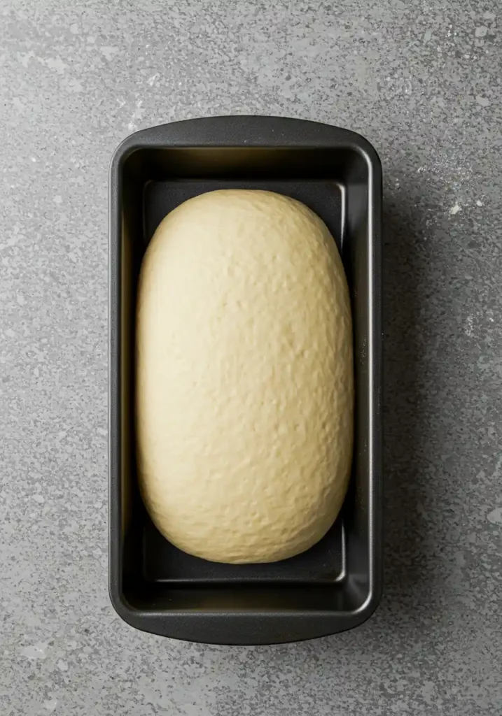 Loaf-shaped dough resting on a greased baking tray.