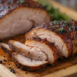 Smoked chicken breast sliced on cutting board with herbs