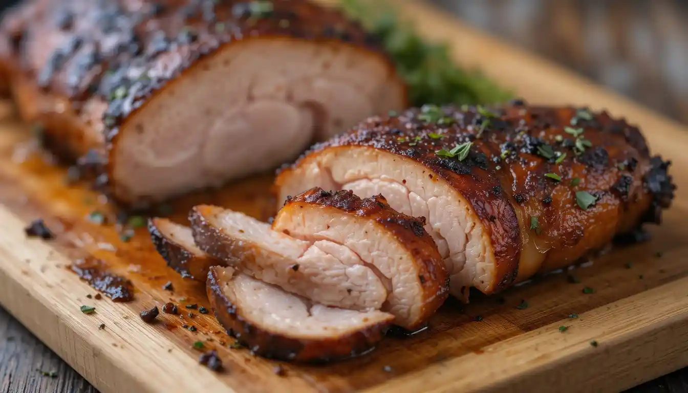 Smoked chicken breast sliced on cutting board with herbs