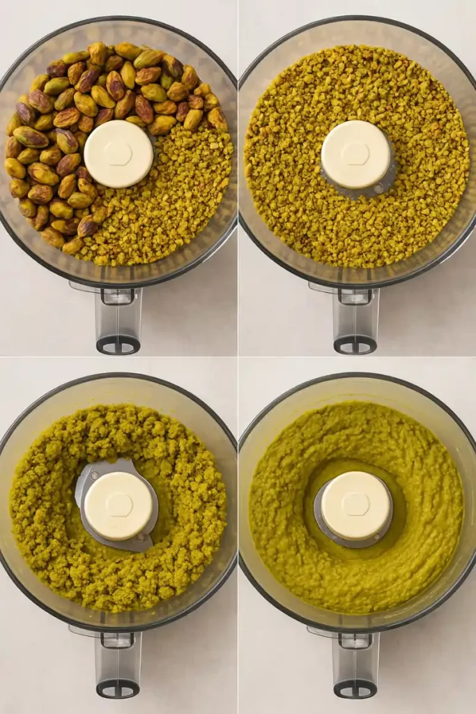 Cooled pistachios blending in a food processor, transitioning from crumbly to smooth nut butter texture.