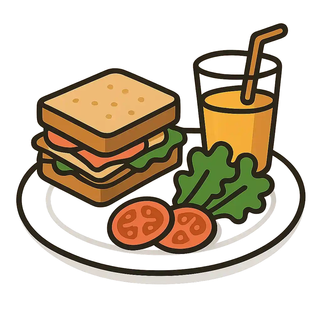 Flat-style illustration of a sandwich, leafy greens, sliced tomatoes, and a glass of orange juice on a plate