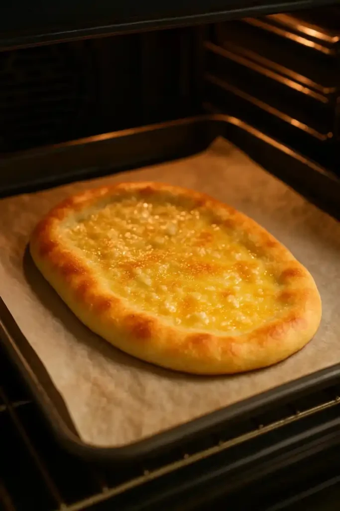 Flatbread in the oven on a parchment-lined baking tray, edges turning golden and slightly puffed.