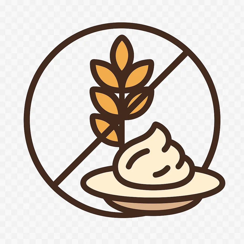 Flat-style icon of a wheat stalk crossed out with a swirl of food on a plate, indicating gluten-free