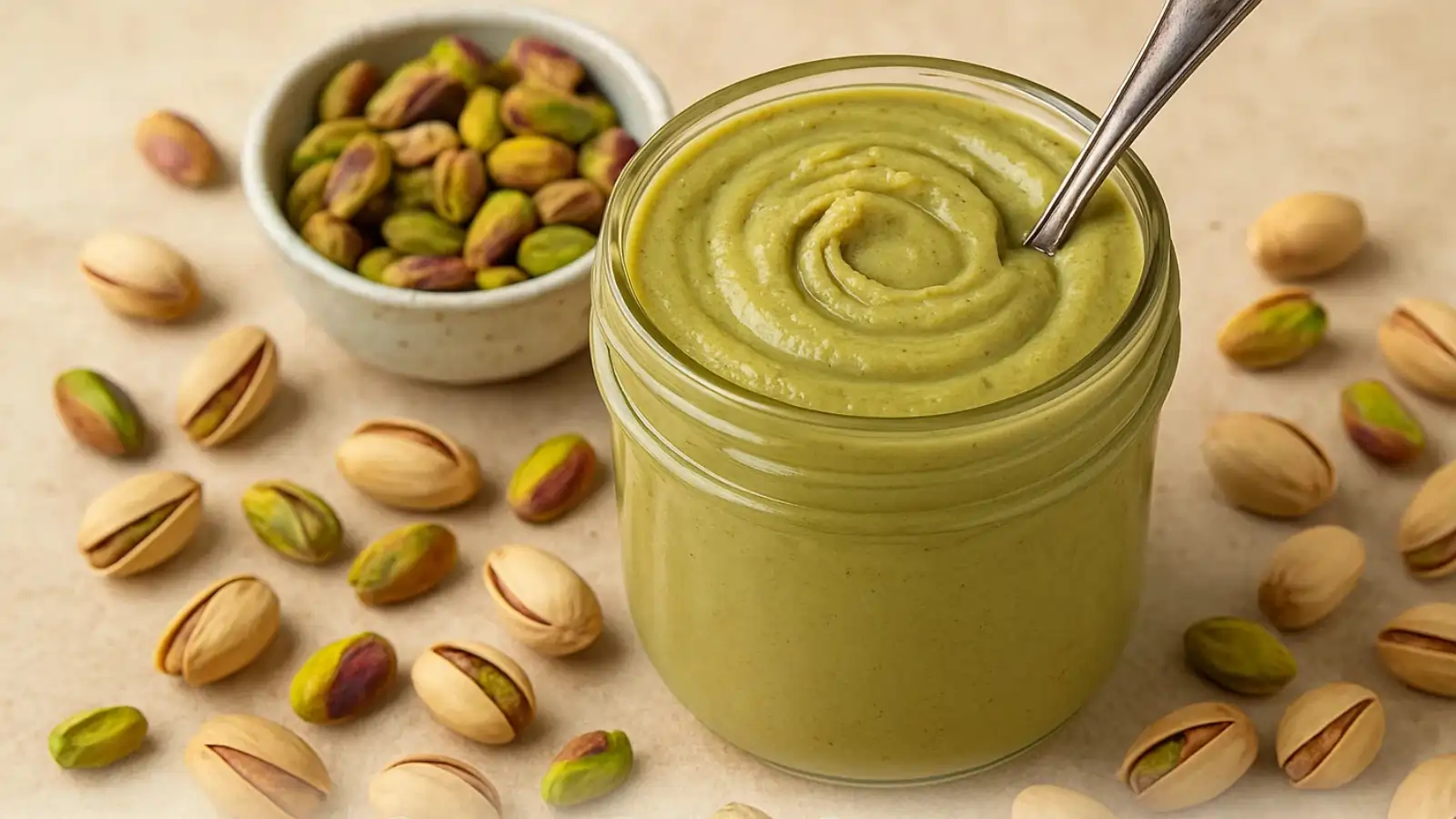 Homemade pistachio butter in a jar with toast
