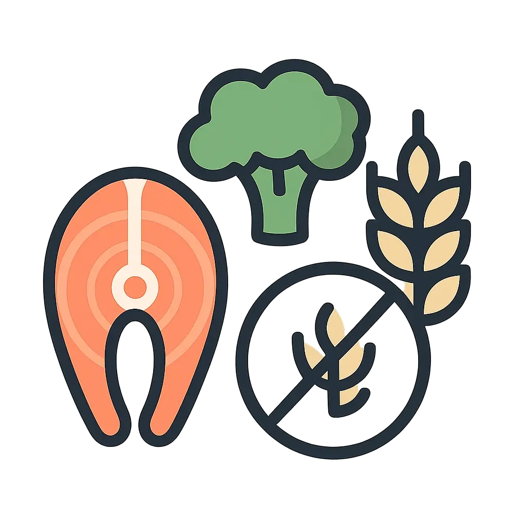 Flat-style illustration of a salmon fillet, broccoli, wheat stalk, and a gluten-free symbol