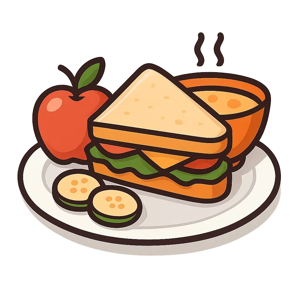 Flat-style illustration of a sandwich, hot soup bowl, sliced cucumbers, and an apple on a plate
