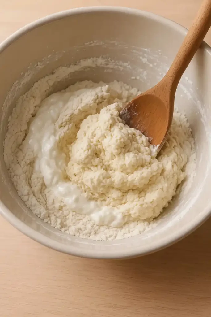 Flour and yogurt being mixed in a bowl with a spoon to form a soft, sticky dough.