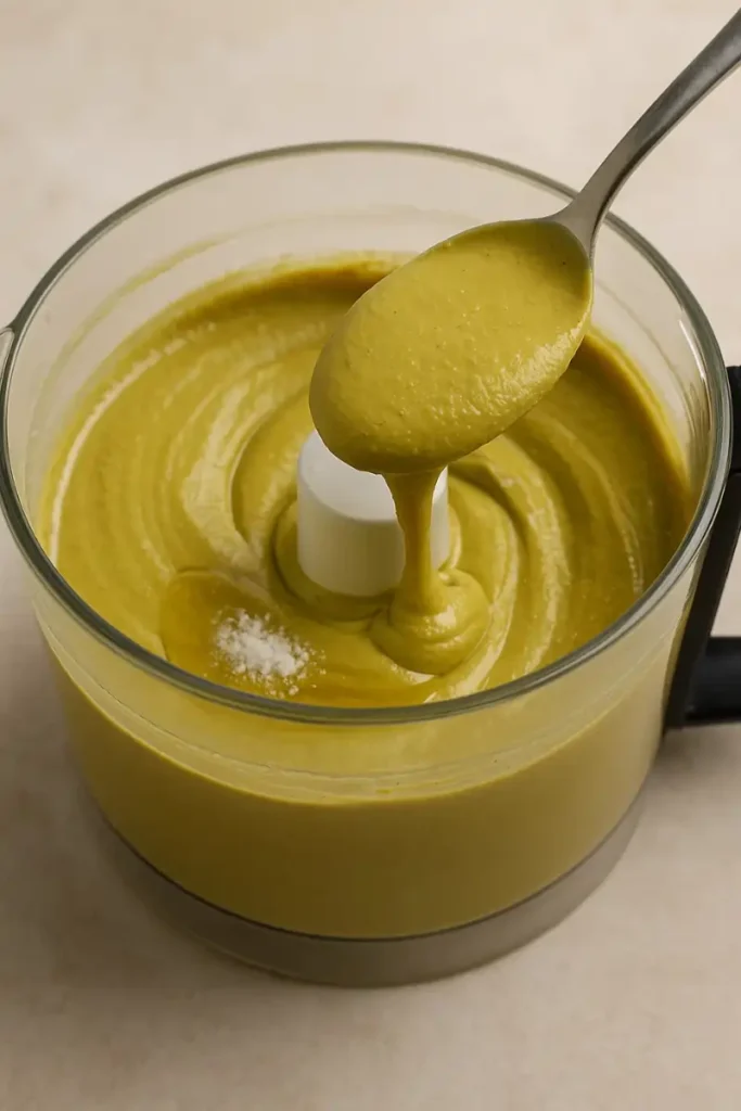 A spoon lifting smooth pistachio butter from a food processor; oil and salt nearby.