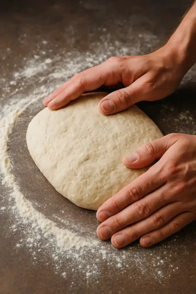 Hands shaping soft dough into a small loaf or flattened round on a floured surface.