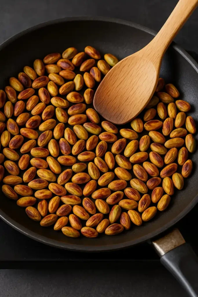 Raw pistachios toasting in a dry skillet with light golden edges and steam rising.