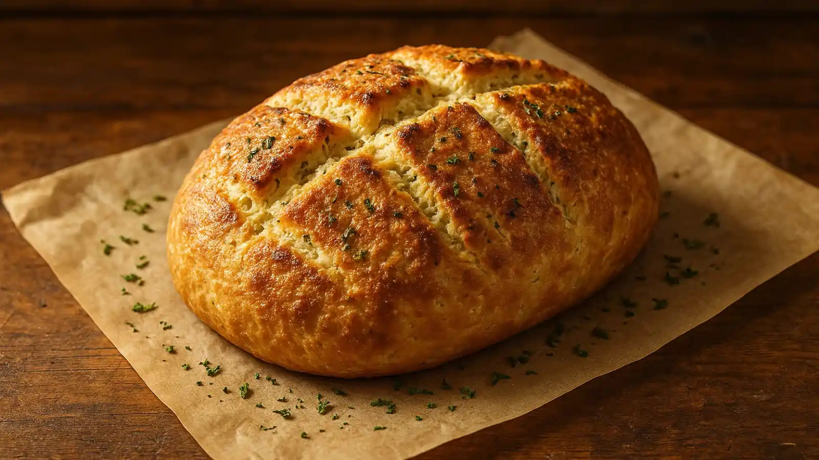 Greek yogurt flour garlic bread on parchment